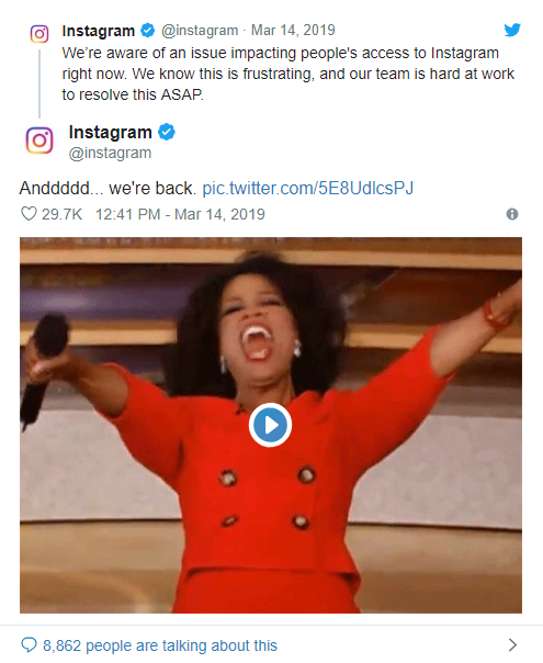 Instagram's post after it went back online