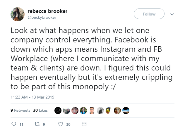 Rebecca Brooker's Tweet when Facebook went down